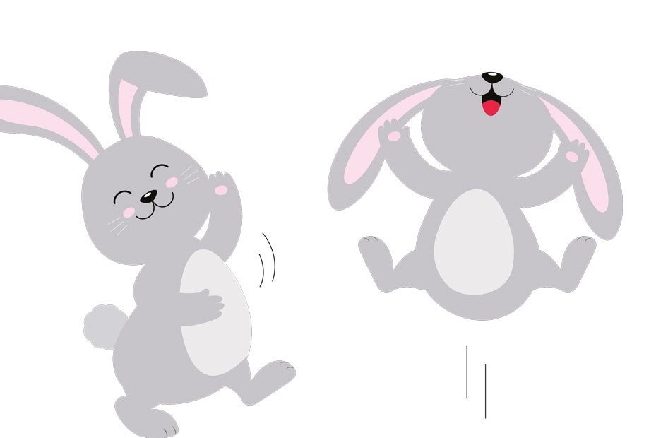 2 tecknade, glada, hoppiga kaniner