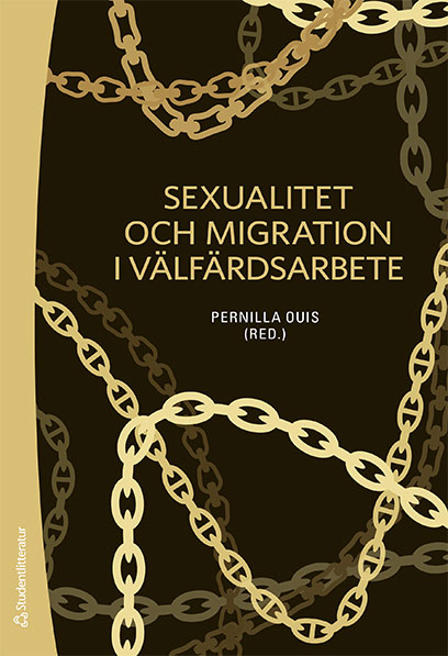 Svart bokomslag med gulfärgade mönster. Sexualitet och migration i välfärdsarbete