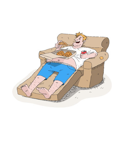 Tecknad illustration, en man ligger bakåtlutad i en fåtölj och smaskar i sig pizza direkt från kartongen.